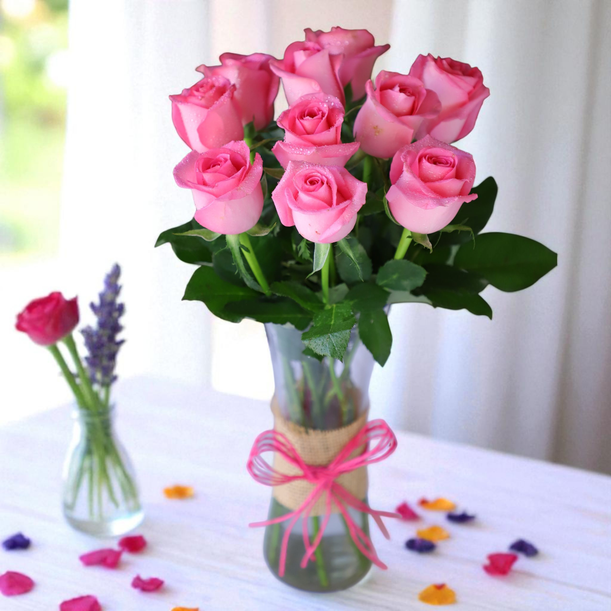 IMG_2461 (2) 10 pink roses flower vase with jute wrapping and ribbon bow
