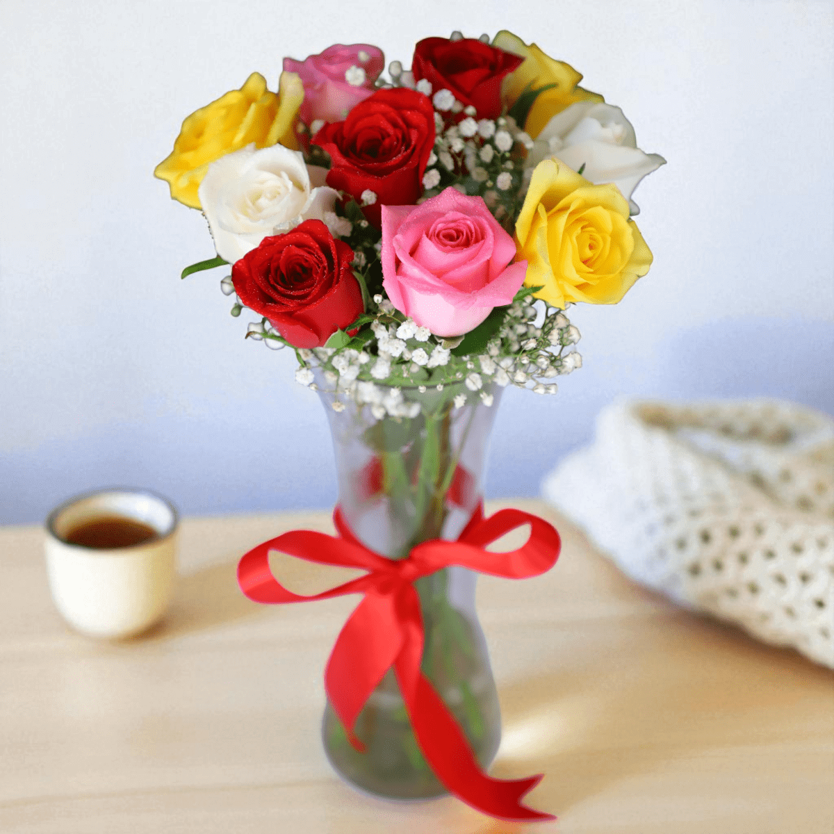 IMG_2468 (2) Mixed Roses Glass Vase – 10 fresh roses in red, yellow, pink & white with gypsy fillers