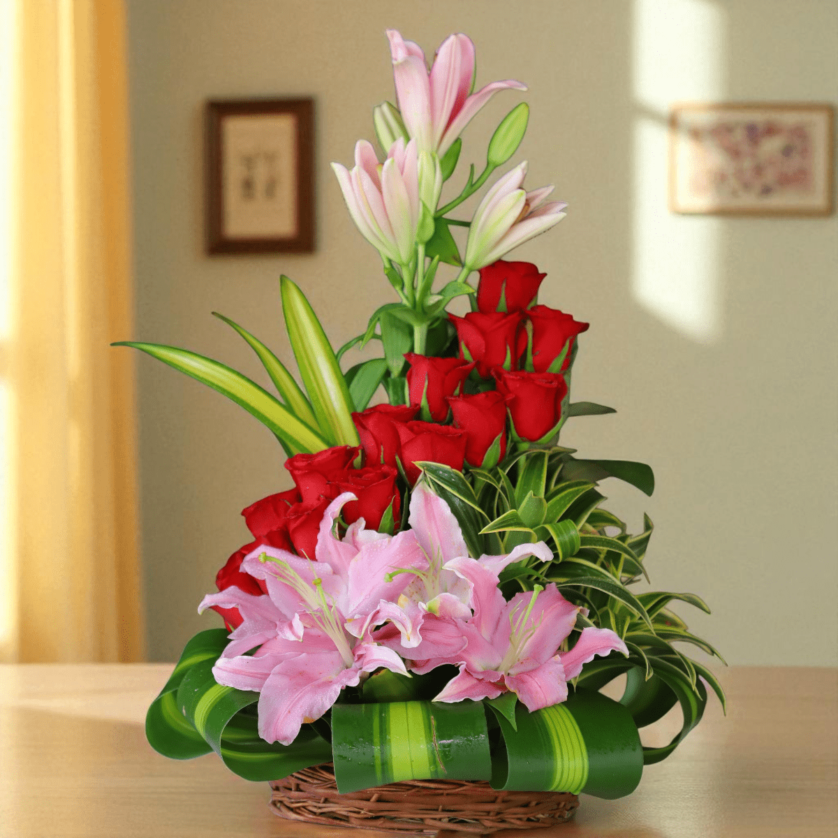 IMG_2537 (2) Red roses and pink lilies basket arrangement with decorative greens