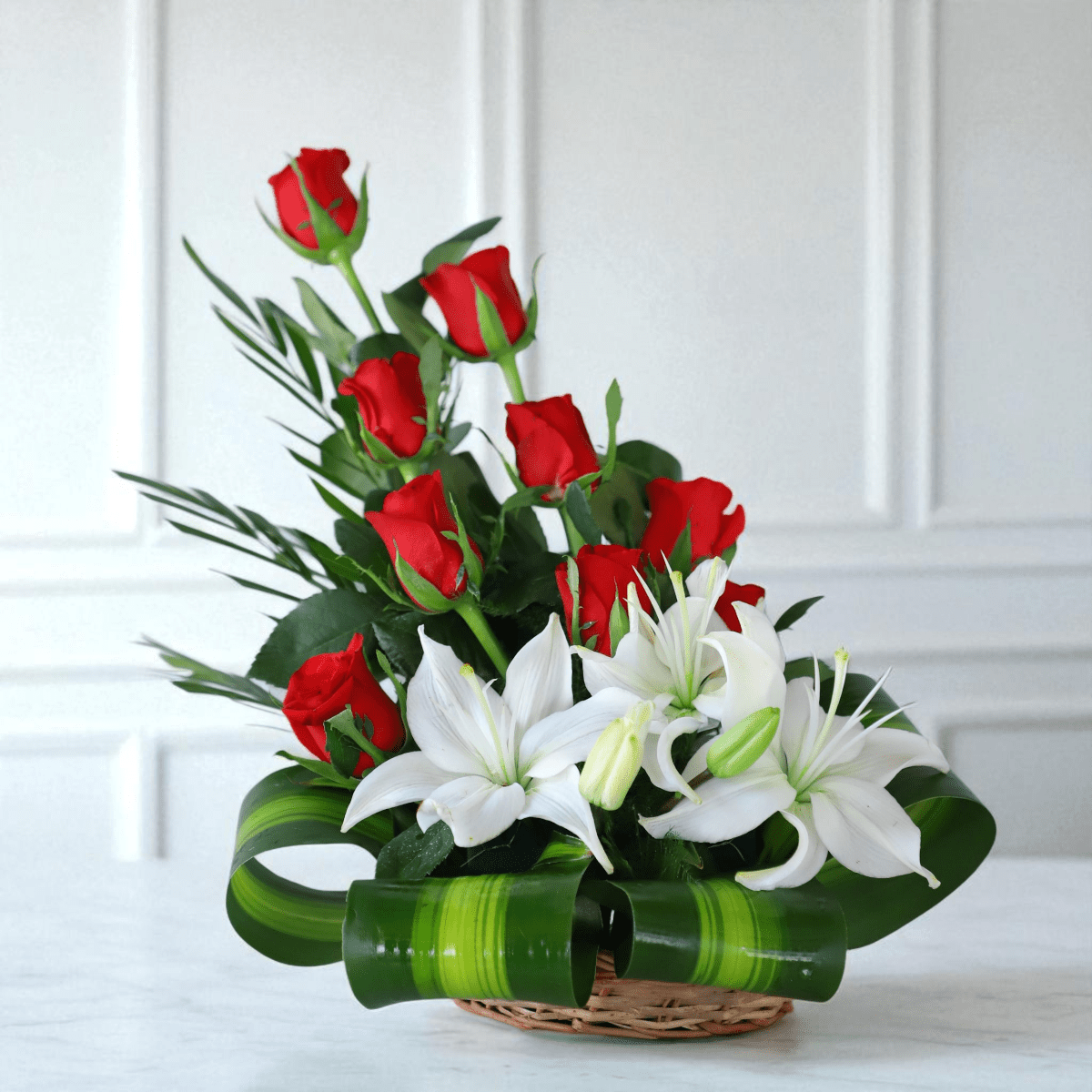 Lily & Roses Basket Arrangement Elegant Passion Basket