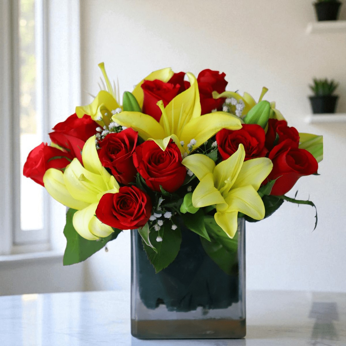 IMG_6917 (4) Red roses and yellow lilies vase arrangement – Golden Romance Bouquet