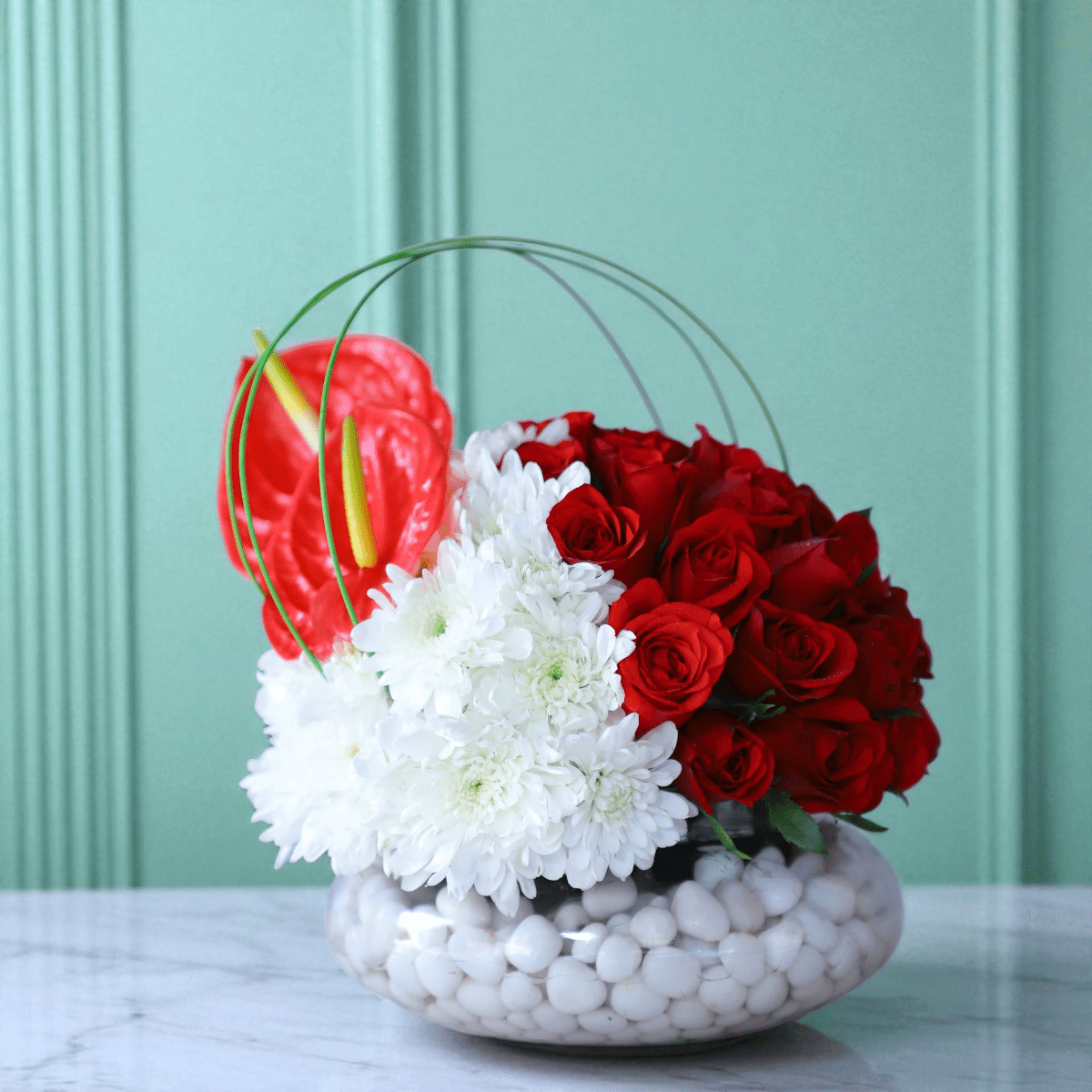 Royal Passion Roses Vase Royal Passion Roses Vase with 30 Red Roses, Red Anthuriums, White Daisies and Decorative Glass Vase