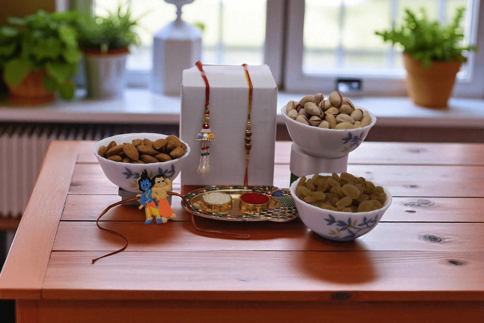 Family Ties Dry Fruit Rakhi Delight with Bhaiya Rakhi, Lumba Rakhi, Kid Krishna Rakhi, Almonds, Pistachios and Raisins