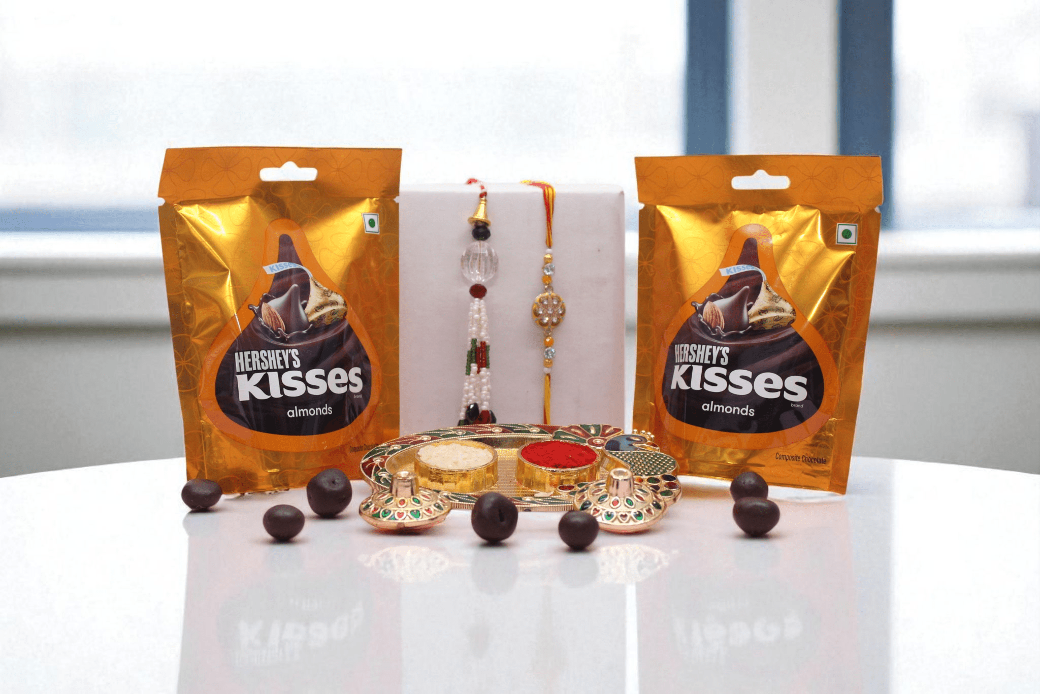 luxurious Bhaiya Bhabhi Rakhi Combo, featuring a beautifully crafted Rakhi and Lumba pair With Chocolate - YHOJA.COM