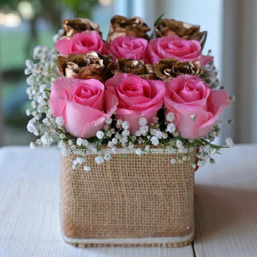 Blush & Gold Delight Pink & Golden Roses Vase