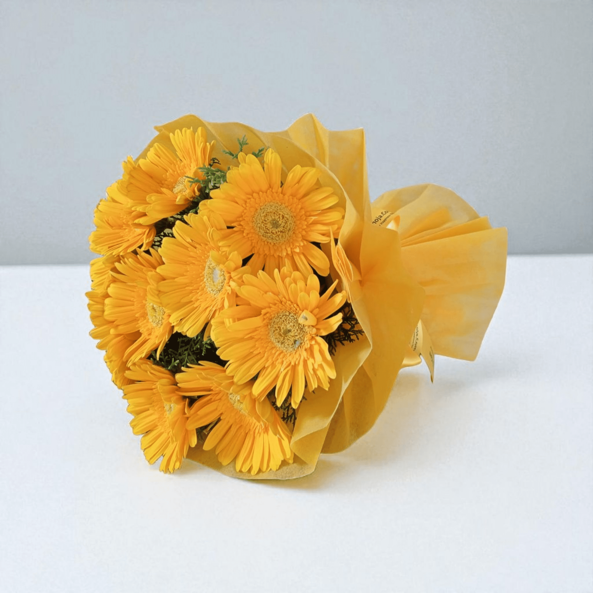 IMG-20250806-WA0001 10 Yellow Gerbera Bunch wrapped in yellow paper with ribbon bow – YHOJA